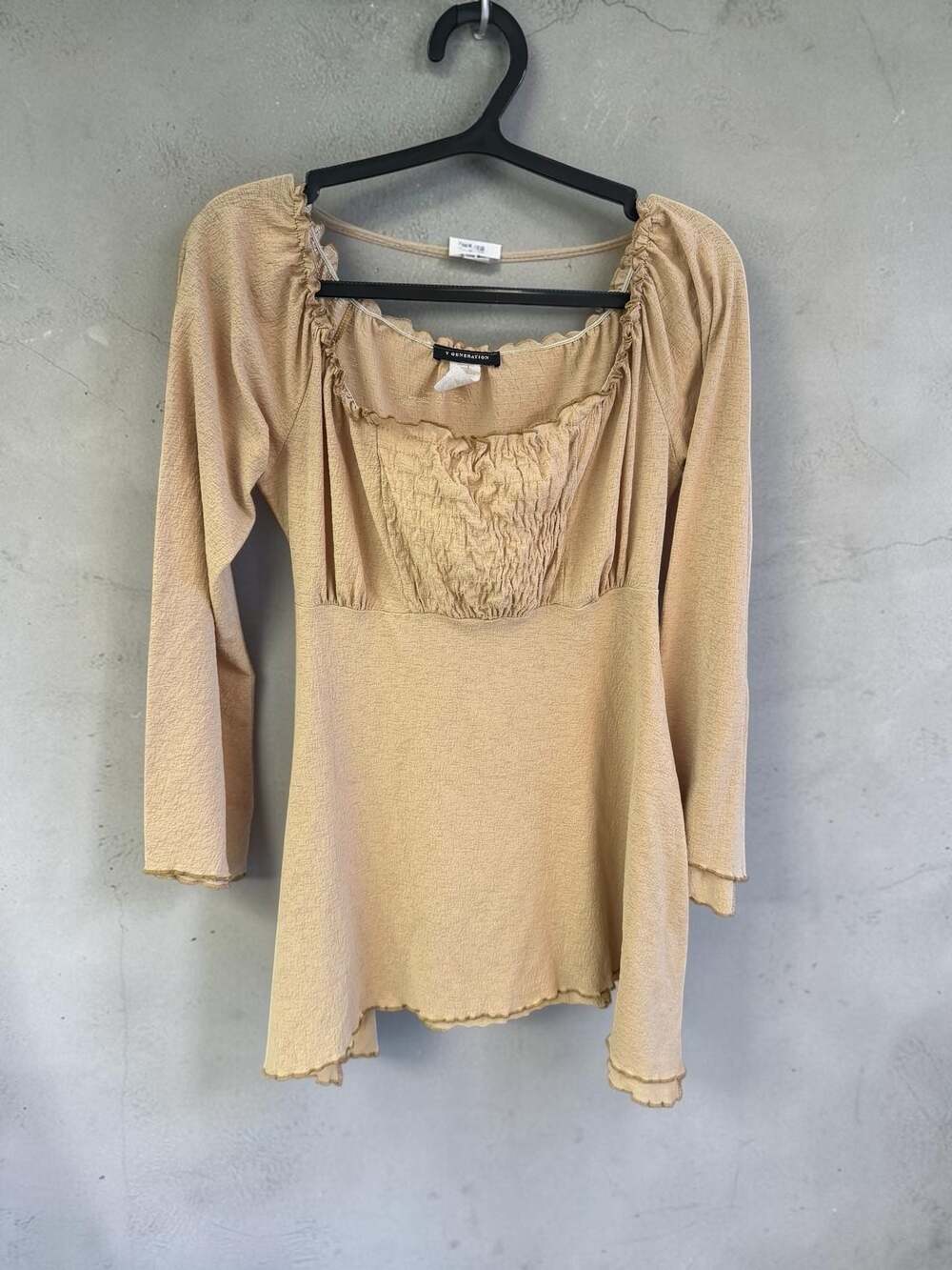 Y Generation Vintage Tan Ruched Long Sleeve Mini Dress - Medium